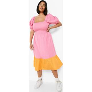 👉 Plus Katoenen Geplooide Colour Block Midi Jurk, Pink