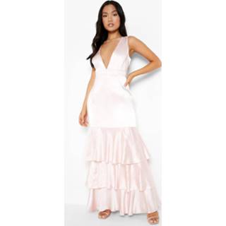 👉 Petite Satijnen Maxi Jurk Met Laag Decolleté, Laagjes En Ruches, Blush