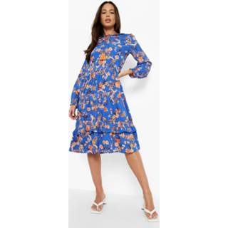 👉 Gesmokte Paisley Midi Jurk Met Ruches En Laagjes, Cobalt