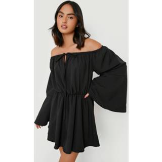 👉 Skater Jurk Met Open Schouders En Wijde Mouwen, Black