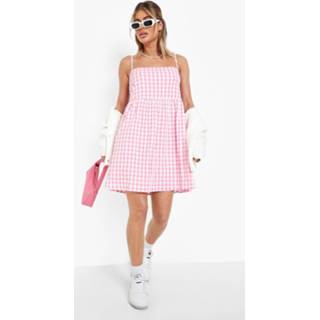 Gingham Babydoll Jurk Met Bandjes En Textuur, Hot Pink