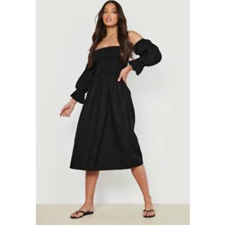 👉 Tall Linnen Midi Jurk Met Geplooide Schouders, Black