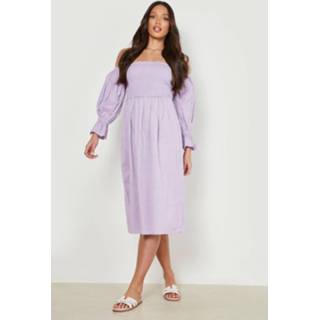 👉 Tall Linnen Midi Jurk Met Geplooide Schouders, Lilac