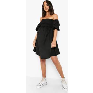 👉 Zwangerschap Geplooide Katoenen Off Shoulder Mini Jurk, Black