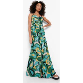 👉 Tall Abstracte Maxi Jurk Met Knopen En Zakken, Blue