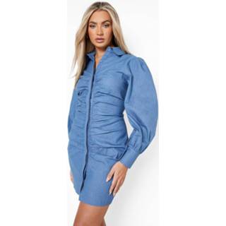 Geplooide Denim Blouse Jurk Met Volle Mouwen, Mid Blue