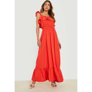 👉 Katoenen Poplin Maxi Jurk Met Bandjes En Franjes, Red