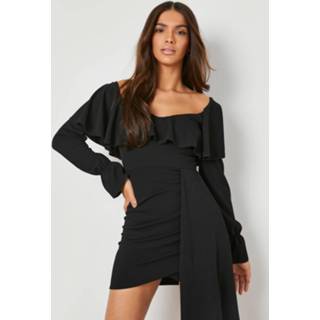 👉 Gedrapeerde Off Shoulder Mini Jurk Met Ruches, Black