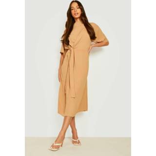 👉 Opgeknoopte Midi Jurk Met Textuur En Waterval Hals, Sand