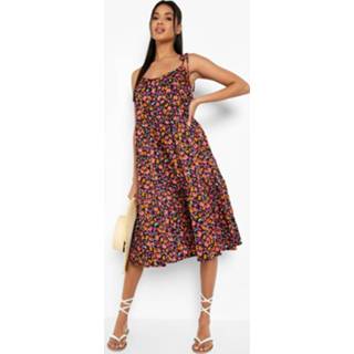 👉 Bloemen Midi Swing Jurk Met Bandjes, Black