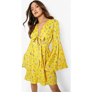 Bloemen Skater Jurk Met Wijde Mouwen, Yellow