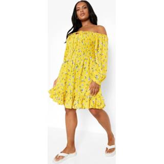 👉 Plus Off Shoulder Bloemen Skater Jurk Met Ruches, Yellow