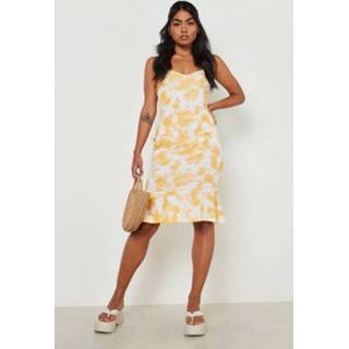 Geribbelde Tie Dye Midi Jurk Met Bandjes En Geplooide Zoom, Orange