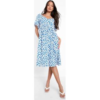 👉 Zwierige Bloemen Midi Skater Jurk Met V-Hals, Cobalt