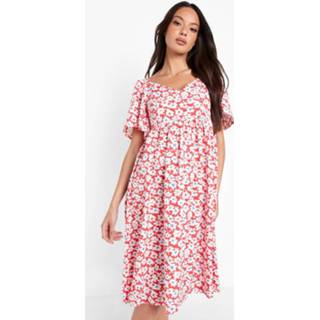 👉 Zwierige Bloemen Midi Skater Jurk Met V-Hals, Red