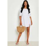 👉 Tall Katoenen Skater Jurk Met Geplooide Pofmouwen, White