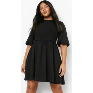 👉 Plus Gekreukelde Skater Jurk Met Pofmouwen, Black