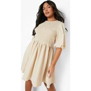 👉 Plus Gekreukelde Skater Jurk Met Pofmouwen, Stone