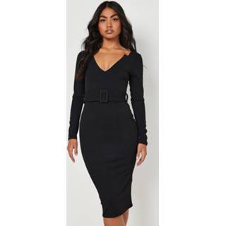 👉 Midi Jurk Met Halsinkeping En Ceintuur, Black