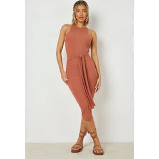 👉 Geribbelde Midi Jurk Met Racer Hals En Strik, Rust