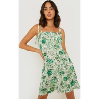 Porselein Print Skater Jurk Met Bandjes En Hals Strik, Green Porselein Print Skater Jurk Met Bandjes En Hals Strik, Green