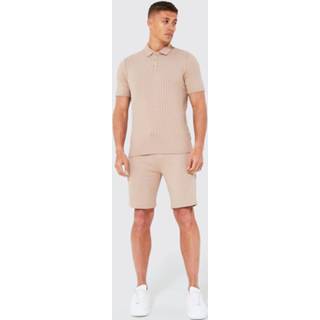 👉 Geribbelde Gebreide Polo Met Korte Mouwen En Shorts Set, Taupe