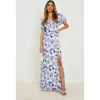 👉 Porselein Print Maxi Jurk Met Ruches, Blue