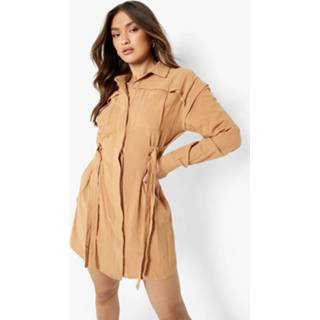 Linnen Mini Blouse Jurk Met Zak Detail, Rust