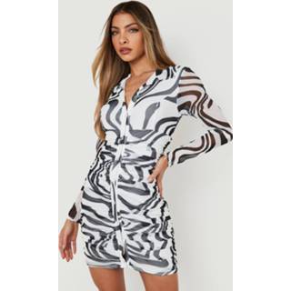 👉 Mesh Zebraprint Blouse Jurk Met Ruches, Black