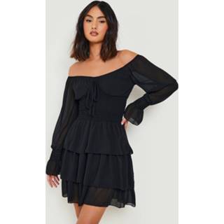 👉 Geplooide Chiffon Bardot Mini Jurk, Black