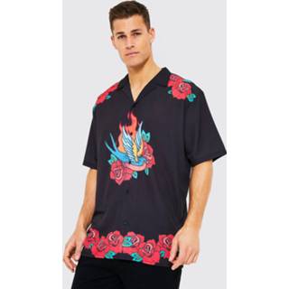 Tall Short Sleeve Revere Bird Print Shirt, Black