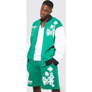 👉 Jersey Skull Varsity Bomber Jacket, Green