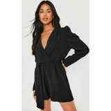 👉 Geweven Romper Met Pofmouwen En Ceintuur, Black