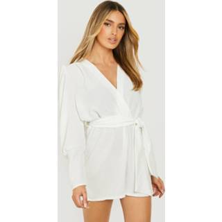 👉 Geweven Romper Met Pofmouwen En Ceintuur, Ivory