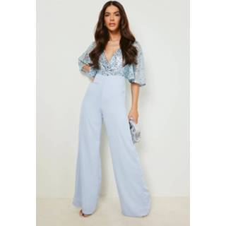 👉 Wide Leg Jumpsuit Met Pailletten En Wijde Mouwen, Light Blue