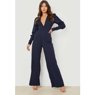 👉 Scuba Wide Leg Jumpsuit Met Pofmouwen En Laag Decolleté, Navy