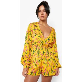 👉 Bloemen Romper Met Laag Decolleté En Ceintuur, Yellow