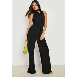 Strakke Wide Leg Jumpsuit En Hals Strik, Black