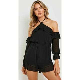 👉 Chiffon Romper Met Franjes En Uitgesneden Schouders, Black