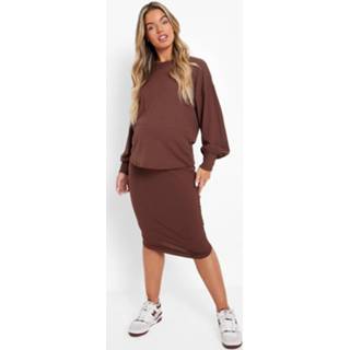 👉 Zwangerschap Geribbelde Co-Ord Met Midi Rok, Chocolate