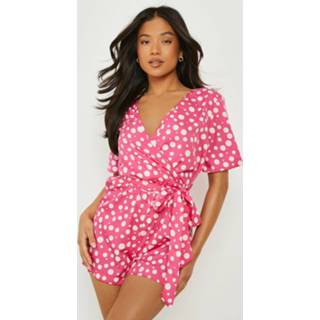 👉 Petite Wikkel Romper Met Stippen, Hot Pink