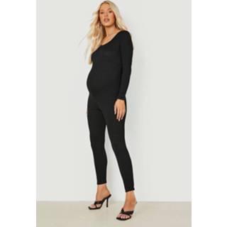👉 Zwangerschap Geribbelde Jumpsuit Met Lange Mouwen En Lage Ronde Hals, Black