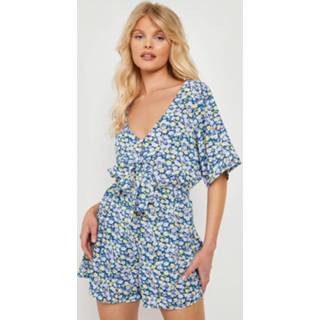 👉 Bloemen Romper Met Wijde Mouwen En Strik, Blue