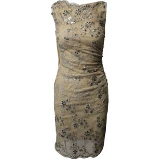 👉 Sleeveless beige vrouwen Pre-owned Floral Lace Overlay Ruched Dress Valentino Vintage , Dames