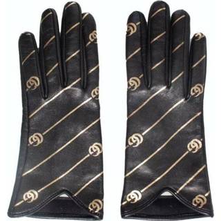 👉 Glove zwart leather vrouwen Pre-owned Double g stripe print gloves Gucci Vintage , Dames