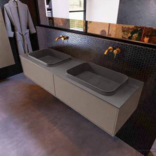👉 Badmeubel smoke grijs MONDIAZ ERIN 150cm onderkast kleur met 2 lades. Wastafel RIDGE dubbel zonder kraangaten Dark_grey. 6017337245220
