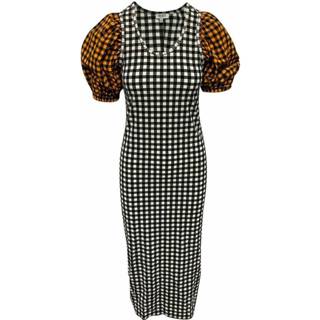 👉 Dress zwart s vrouwen Gingham Check Seersucker Midi With Puff Sleeves In Kenzo , Dames