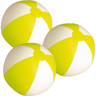 👉 Opblaasbare zwembad geel wit plastic PVC kinderen 10x stuks strandballen geel/wit 28 cm