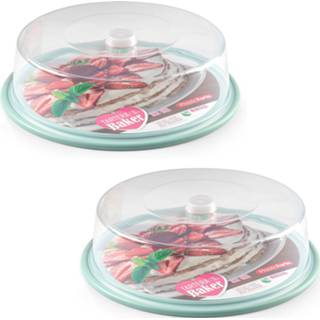 👉 Taart transparant tgroene tgroen kunststof 2x stuks ronde taart/gebak bewaardoos 32 x 9,5 cm met mintgroene bodem