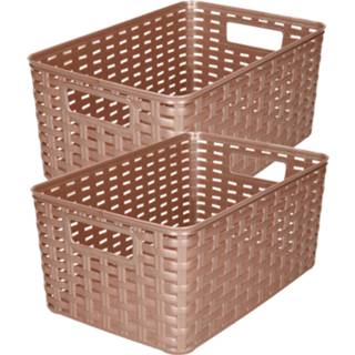 👉 Opbergmand brons kunststof 4x stuks rotan gevlochten opbergmand/opbergbox - 19 x 29 13 cm